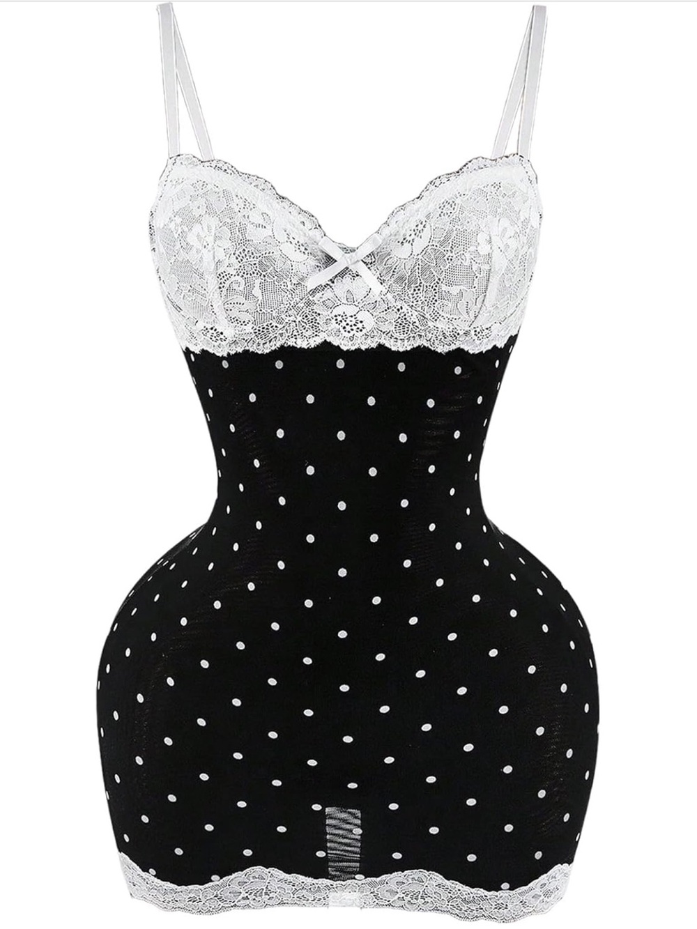 Polka Dot Lace-Trim Shaping Chemise - Black & White -